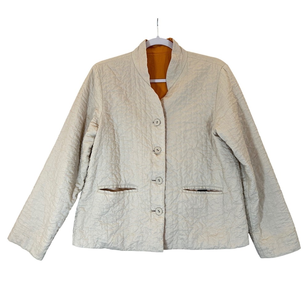 Eileen Fisher Quilted Reversible Jacket Sz S Beige Orange Mandarin Collar Cotton